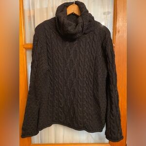 Inis Crafts Black Cable Knit Turtleneck Fisherman’s Sweater Merino Wool Size L
